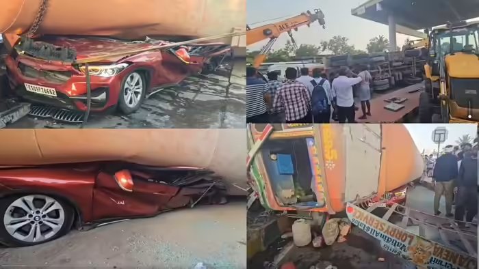 कंक्रीट लदा 16 पहियों वाला टैंकर पलटा,पापड़ बनी BMW, एडवोकेट की मौत